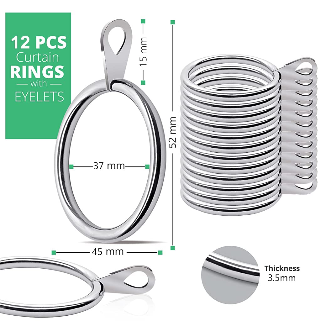 HASTHIP Metal Curtain Rings 12PCS - Bigger Curtain Rings Metal with 37mm Inner Diameter & Eyelets for Window Rods, Durable & Rustproof Curtain Hooks for Drapes, Curtain, Bath Curtain (Silver) HASTHIP Metal Curtain Rings 12PCS - Bigger Curtain Rings Metal with 37mm Inner Diameter & Eyelets for Window Rods, Durable & Rustproof Curtain Hooks for Drapes, Curtain, Bath Curtain (Silver)